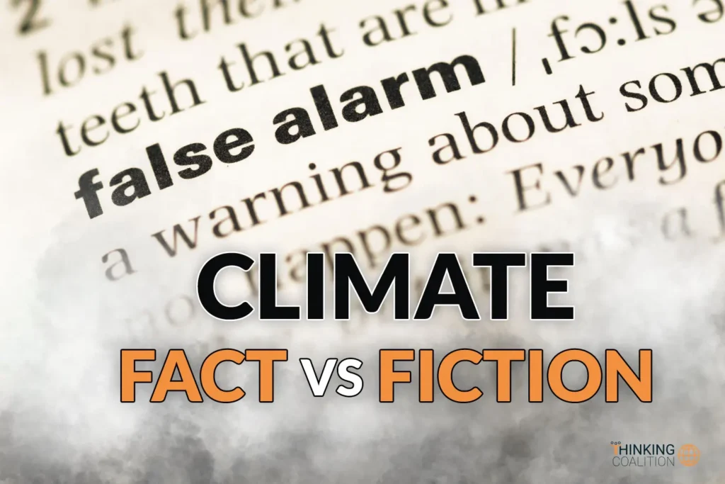 Graphic of false alarm text in a close-up text book. Climate Fact vs Climate Fiction.
